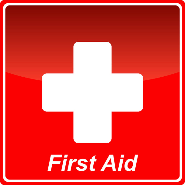 Ikona dla pierwszej pomocy: Białego Krzyża w czerwony kwadrat i zapisu pierwszej pomocy - Wektor, obraz