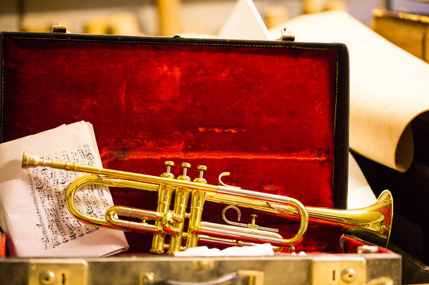 La trompeta está en la caja de la trompeta
 - Foto, imagen