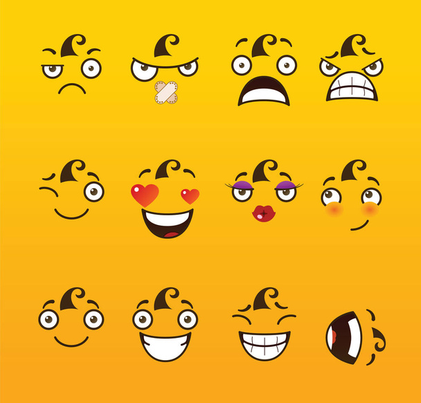 Caras cómicas de dibujos animados divertidos sobre fondo amarillo. Ilustración vectorial
. - Vector, imagen