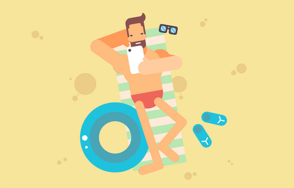 Człowiek leżący na plaży ze smartfonem - Wektor, obraz