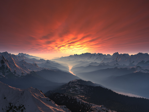 Coucher de soleil dans la vallée de montagne enneigée
 - Photo, image