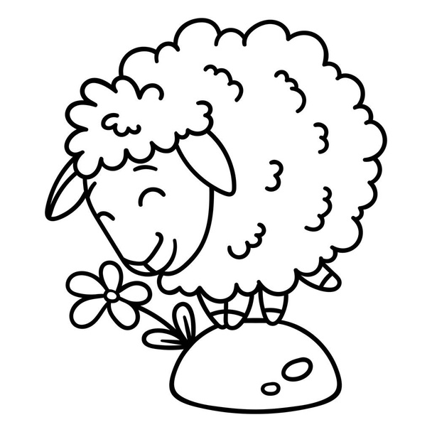 Sheep with a flower. Isolated objects on white background. Vector illustration. Coloring pages. Black and white illustration. - Vektor, kép