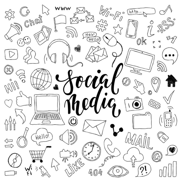 big set of hand drawn doodle cartoon objects and symbols with lettering. on the Social Media theme - Vector, Image
