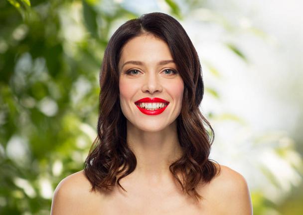 beautiful smiling young woman with red lipstick - Fotoğraf, Görsel