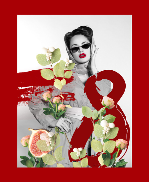 Вітальна листівка 8-го березня зі стильною жінкою в ретро одязі та сонцезахисних окулярах з квітами
 - Фото, зображення