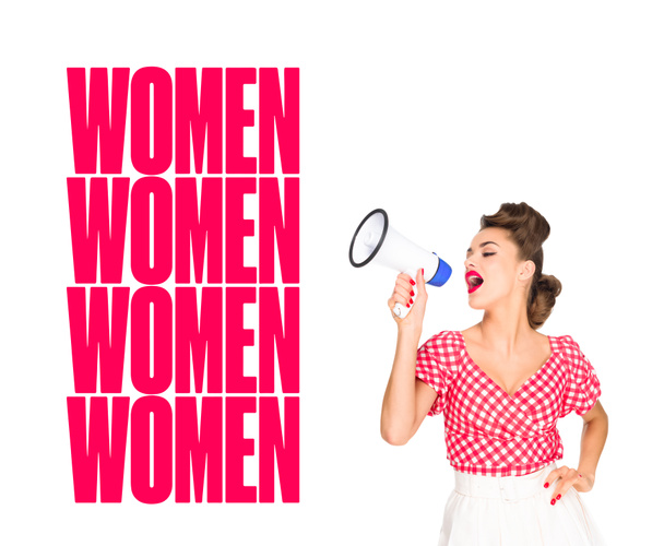 portrait de jeune femme à la mode en pin up style vêtements avec haut-parleur et les femmes répétant des mots isolés sur blanc
 - Photo, image