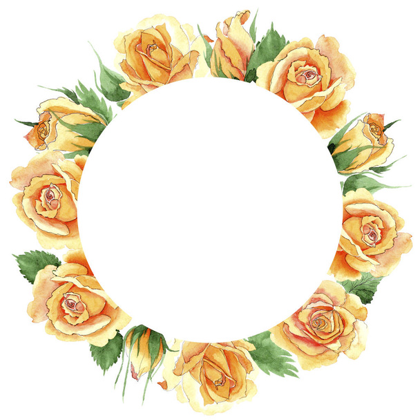 Wildflower yellow tea-hybrid roses flower wreath in a watercolor style.  - Foto, Imagen