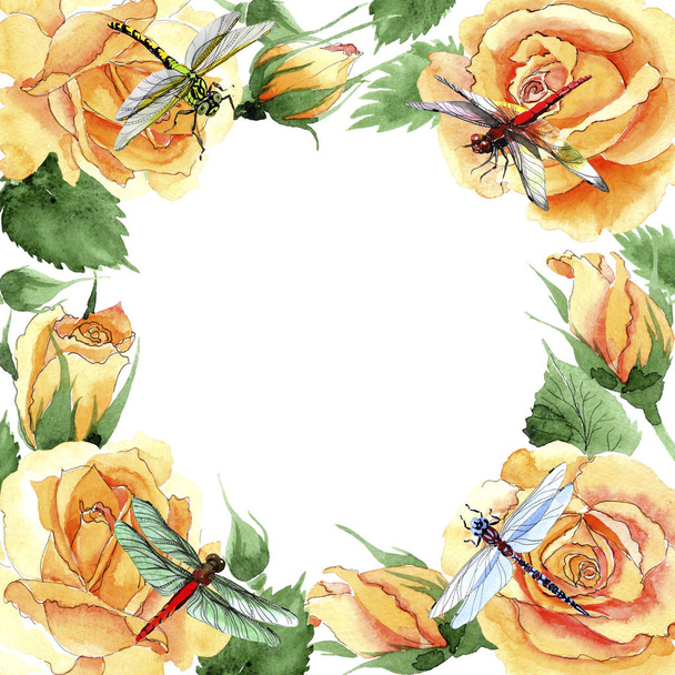 Wildflower yellow tea-hybrid roses flower frame in a watercolor style. - Fotoğraf, Görsel