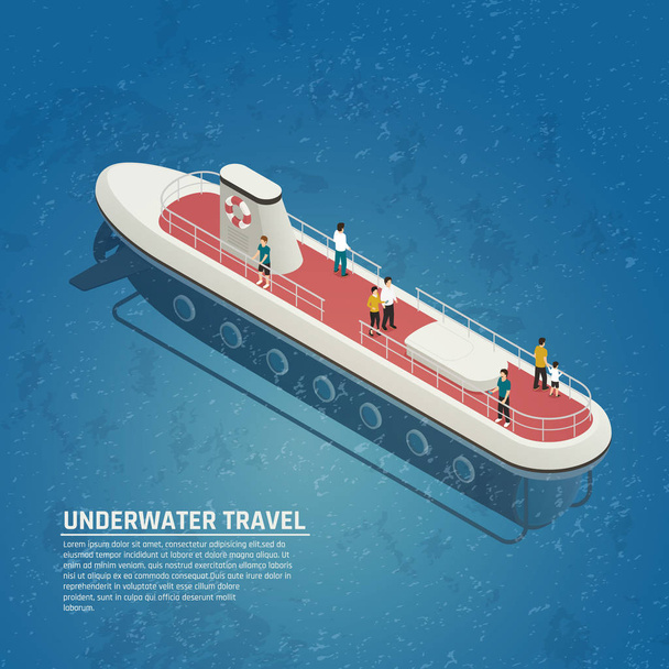Submarine Underwater Travel Isometric Composition  - Vector, Image