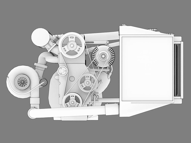 Motore turbocompresso a quattro cilindri ad alte prestazioni per un'auto sportiva. Illustrazione bitmap in bianco e nero di una silhouette del motore bianco delineata da linee nere di tratti. rendering 3d
. - Foto, immagini