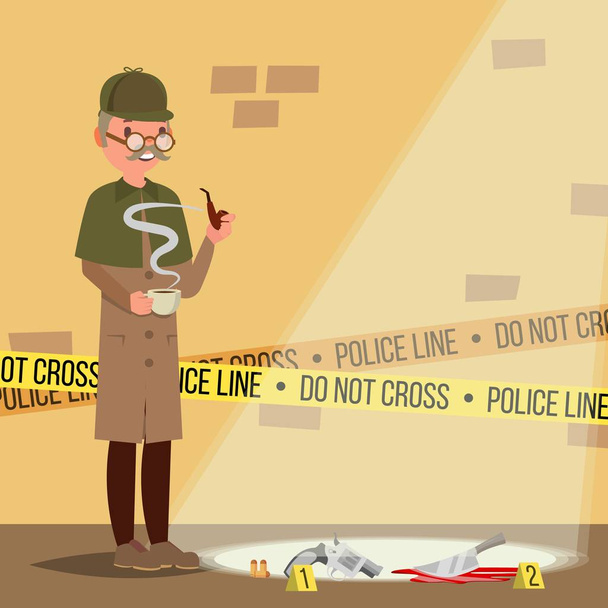 Crime Scene Vector. Detective At Crime Scene. Flat Cartoon Illustration - Vector, Image