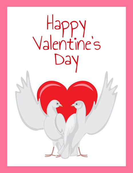 Happy Valentines Day Poster Two Doves Rising Wings - Vector, Imagen
