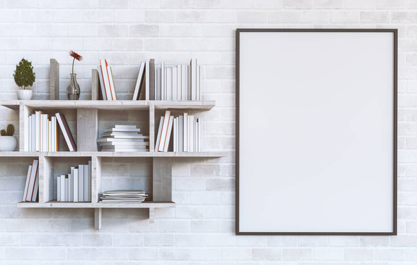 Mockup blank poster on a white brick wall with Shelves with books on painted white brick wall background. 3D rendering - Photo, Image
