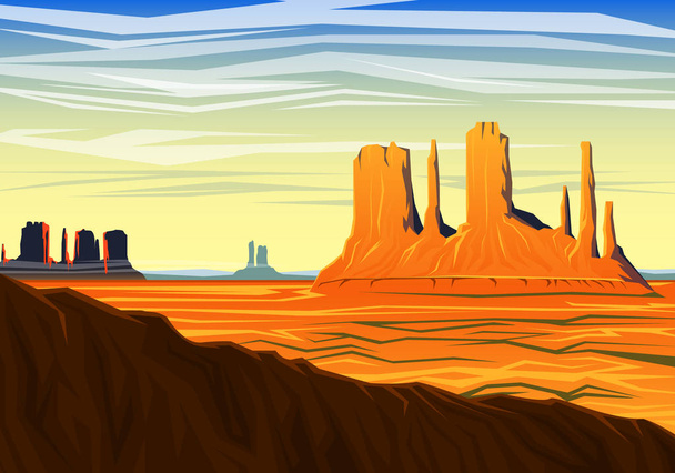 Mountain and Monument Valley, aamulla panoraamanäkymät, huiput, maisema aikaisin päivänvalossa. matka tai retkeily, kiipeily, vektori kuvitus verkkosivuilla tai banneri. Ulkona kukkulan latvat, Hunts Mesa, Arizona
 - Vektori, kuva
