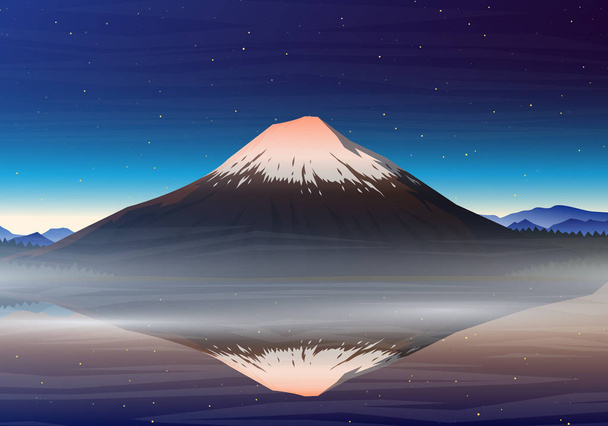 Hora Fudži, noční výhled s odrazem na jezero kawaguchiko, vrcholy, krajina brzy denním světle. cestování nebo kempování, lezení, vektorové. Venkovní vrcholky hor, Japonsko. - Vektor, obrázek
