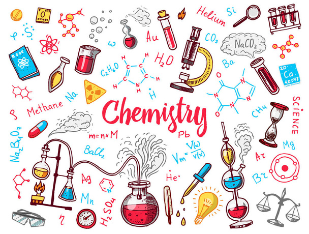 Chemistry of icons set. Chalkboard with elements, formulas, atom, test-tube and laboratory equipment. laboratory workspace and reactions research. science, education, medical. engraved hand drawn. - Vector, Image