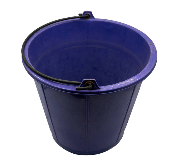 Used purple plastic bucket isolated on white with path selection - Photo, Image