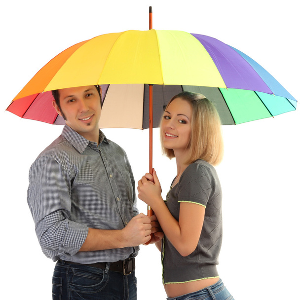 Loving couple with umbrella isolated on white - Φωτογραφία, εικόνα