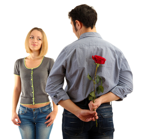 Liebender Mann mit roter Rose für seine Frau - Foto, Bild