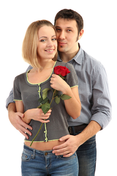 Loving couple with rose isolated on white - Foto, Imagem