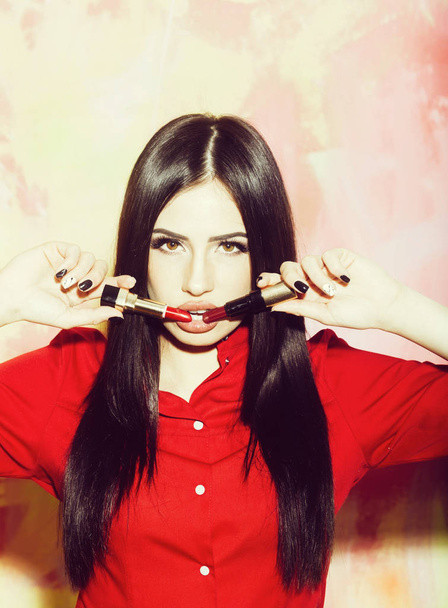 sexy pretty brunette woman with fashionable red lipstick - Zdjęcie, obraz