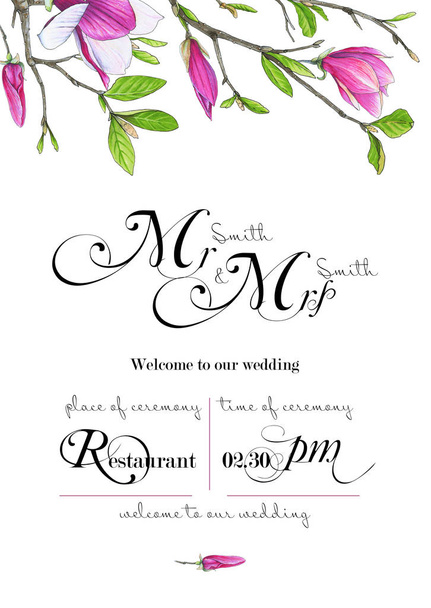 Template for congratulations or invitations to the wedding in green and pink colors. Illustration by markers, beautiful composition of magnolias and twigs with leaves. - Photo, Image