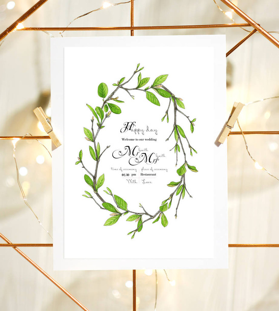 Template for congratulations or invitations to the wedding in green colors. Illustration by markers, beautiful frame wreath of twigs with leaves. - Photo, Image