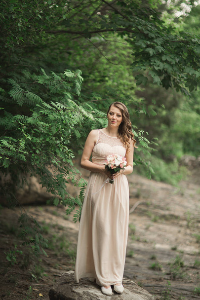 Beautiful luxury young bride inwedding dress standing near river with mountains on background - Foto, imagen