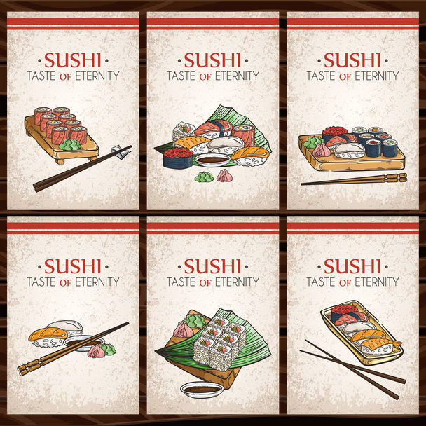 Doodle Sushi und Rollen auf Holz. Japanische traditionelle Küche Gerichte Illustration. - Vektor, Bild