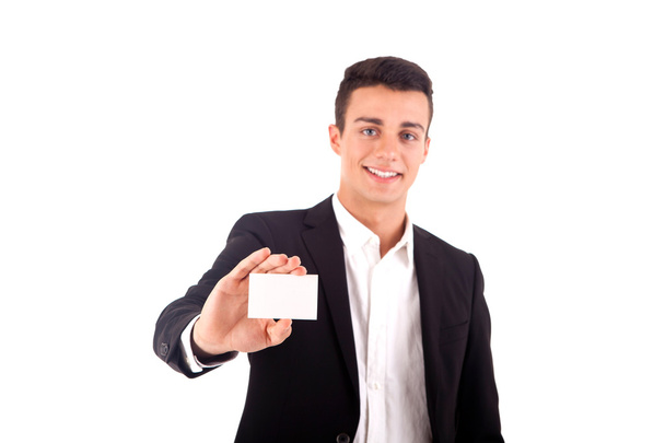 Молодий бізнесмен передає порожню візитку над білою спиною
 - Фото, зображення