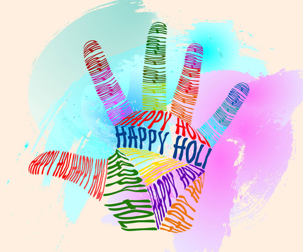 Tarjeta de felicitación para Holi Festival, impresión manual de tipografía multicolor, fondo vectorial brillante
 - Vector, imagen