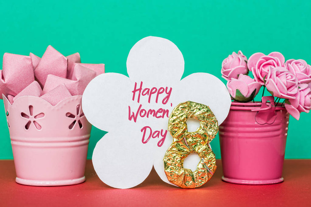 figure 8 a bouquet of flowers in a bucket. Happy Women's Day greeting card  - Φωτογραφία, εικόνα