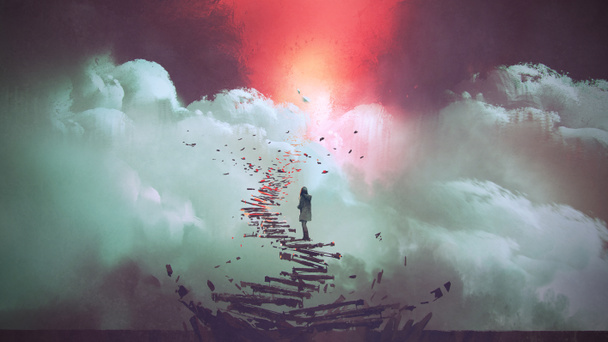 jeune femme debout sur des escaliers cassés menant au ciel, art numérique style, illustration peinture
 - Photo, image