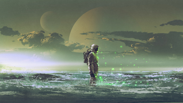 der Astronaut, der am Meer vor dem Hintergrund des Planeten steht, digitale Kunst, Illustrationsmalerei - Foto, Bild
