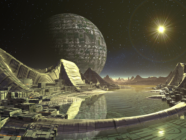 Ciudad futurista sobre el mundo del agua alienígena
 - Foto, Imagen