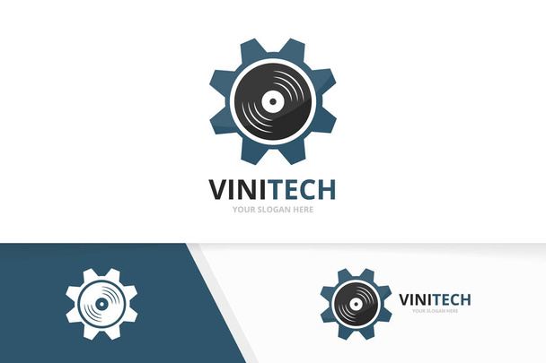 Vector vinyl and gear logo combination. Record and mechanic symbol or icon. Unique music album and industrial logotype design template. - Vector, Image