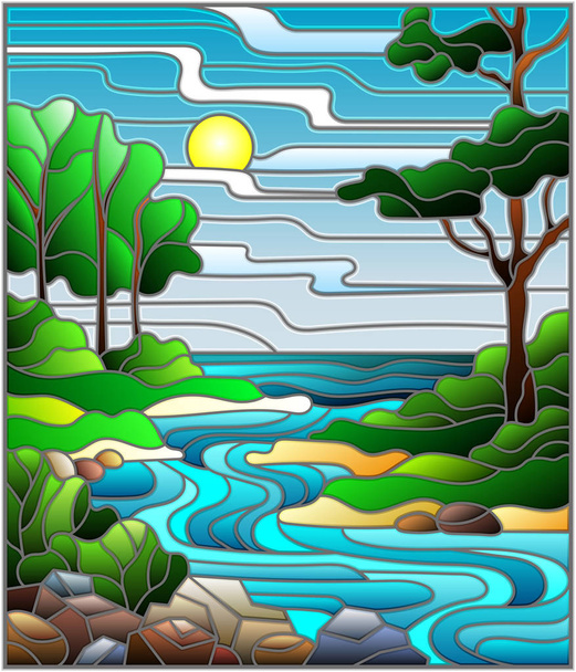 Illustration dans un paysage de style vitrail, rivière sinueuse sur le fond des rives verdoyantes des arbres sur un fond ciel et soleil
 - Vecteur, image