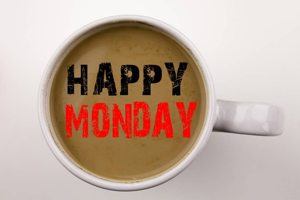 Szó, Boldog hétfő szövegíráshoz csésze kávét. Üzleti koncepció üdvözlés bejelentés a fehér háttér, másol hely. Fekete szöveg piros szó. - Fotó, kép