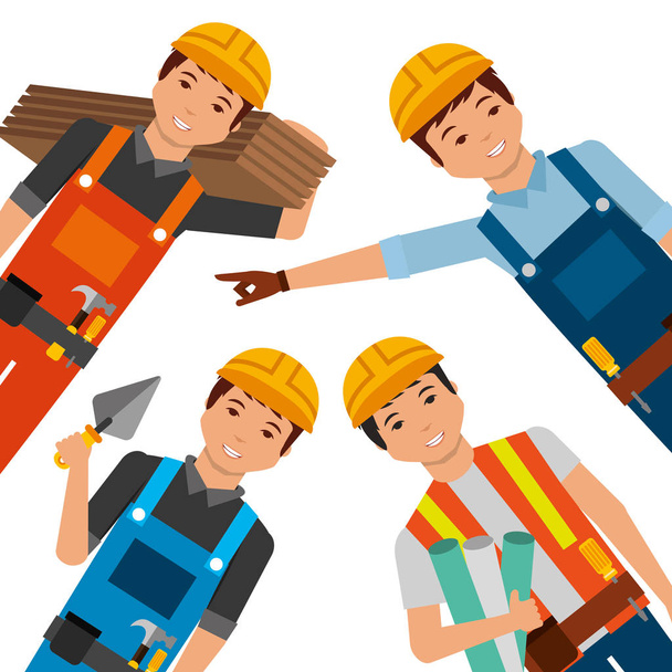 trabajadores de la construcción que usan casco amarillo diferentes uniformes y herramientas
 - Vector, imagen