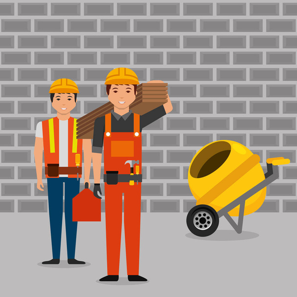 construction workers wooden board toolkit and mixer concrete - Vector, Image