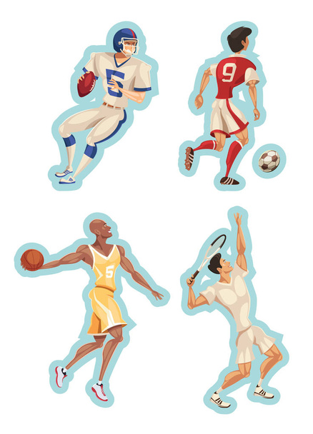Μπάσκετ, ποδόσφαιρο, ποδόσφαιρο, αμερικανικό ποδόσφαιρο και παίκτης του τένις, απομονώνονται σε λευκό - Διάνυσμα, εικόνα