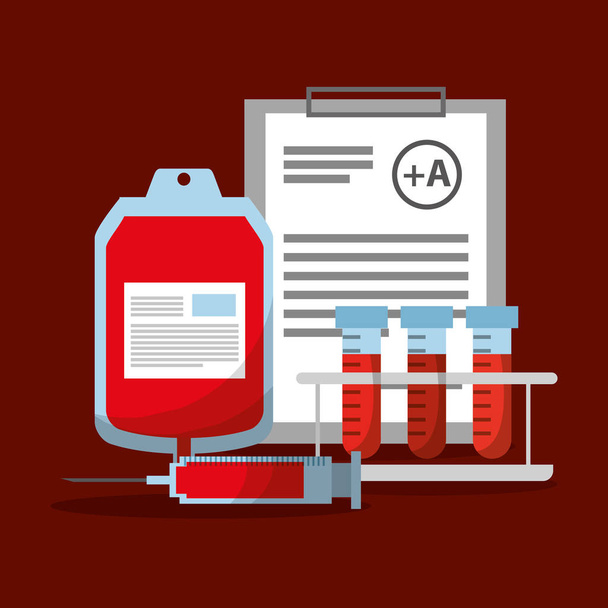 bolsa de sangre jeringa tubo de ensayo e informe del portapapeles
 - Vector, Imagen
