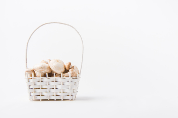 heap of champignon mushrooms laying in wicker basket on white background  - Фото, изображение