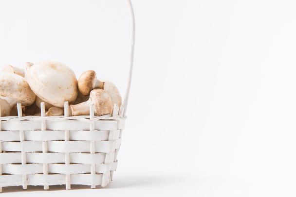heap of mushrooms laying in wicker basket on white background   - Fotó, kép