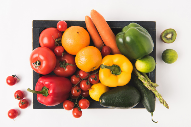 Farmers market concept with vegetables and fruits in dark wooden box isolated on white background - Fotoğraf, Görsel