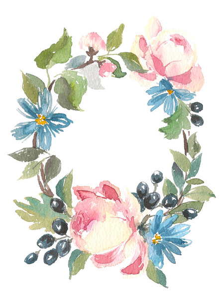 Floral Frame. A wreath of watercolor roses. Perfect for wedding invitations and birthday cards. - Foto, Imagem