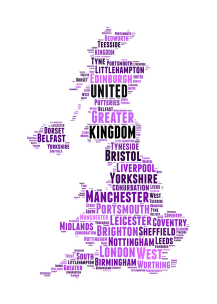 United Kingdom map and words cloud with larger cities - Фото, изображение