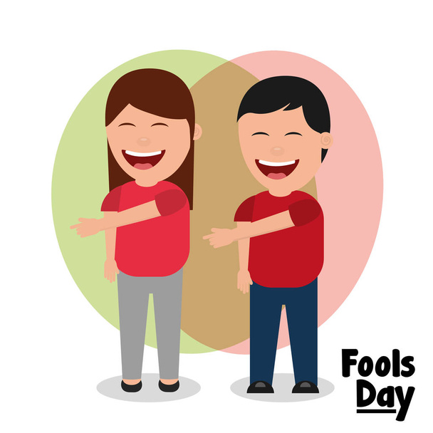жінка і чоловік сміється жест вказуючи на день дурнів
 - Вектор, зображення