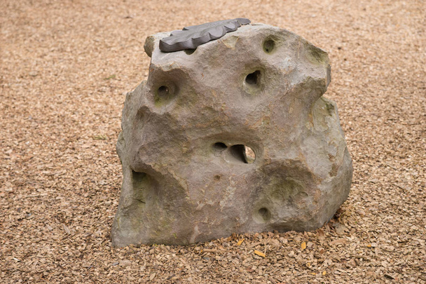 Großaufnahme großer Stein mit Löchern auf dem Waldboden - Foto, Bild