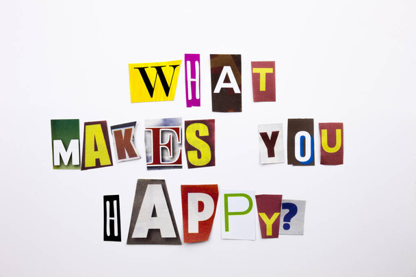 A word writing text showing concept of What Makes You Happy made of different magazine newspaper letter for Business case on the white background with copy space - Φωτογραφία, εικόνα